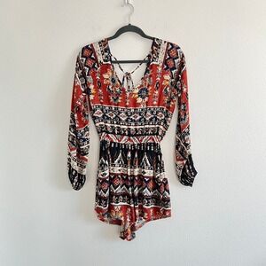 Billabong Rust Red Boho Floral Long-Sleeve Romper S Festival Earthy Bohemian